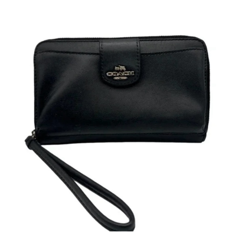 Coach Black Leather Zip Around Pocket Phone Wallet Wristlet